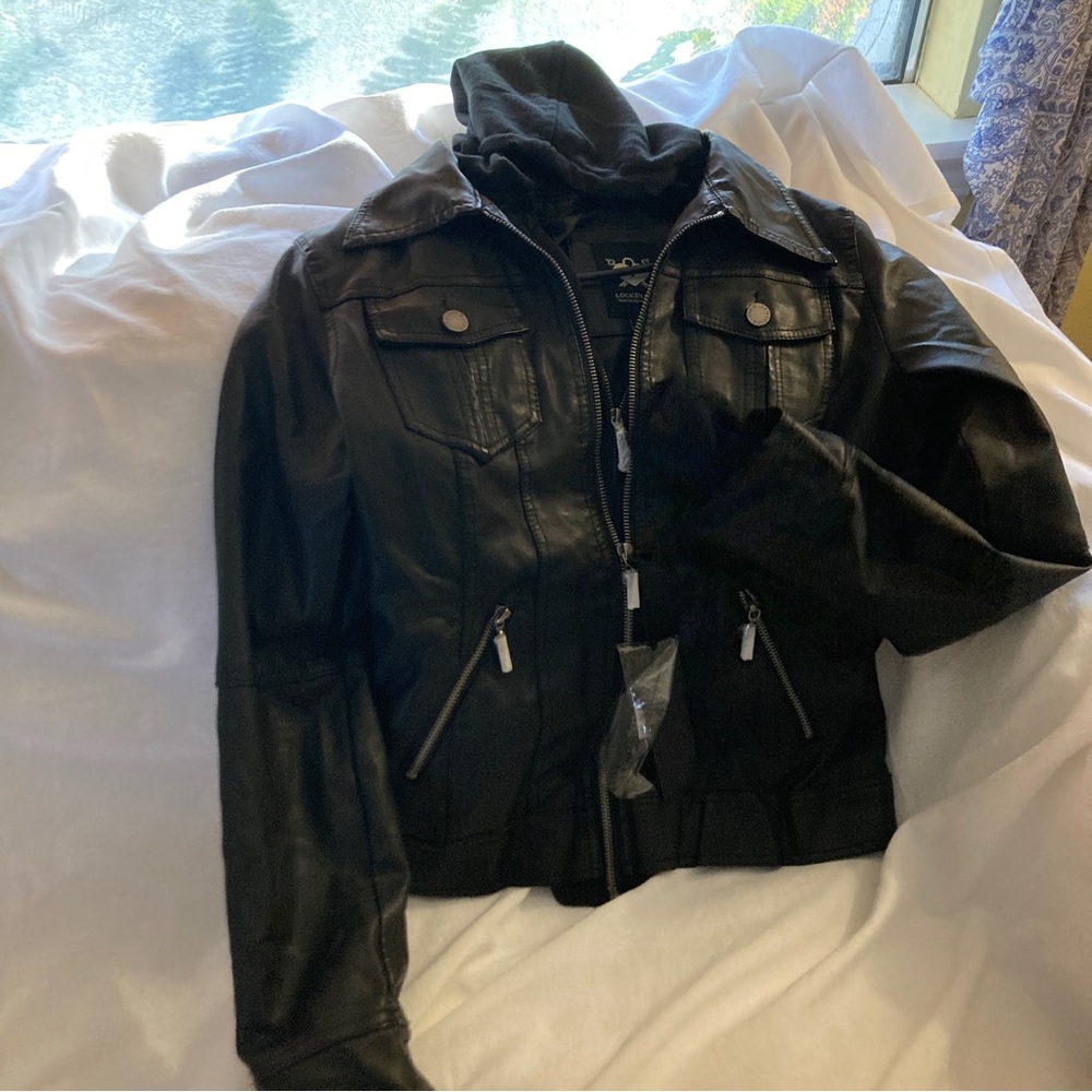 Vegan leather jacket with attached hoodie NWT